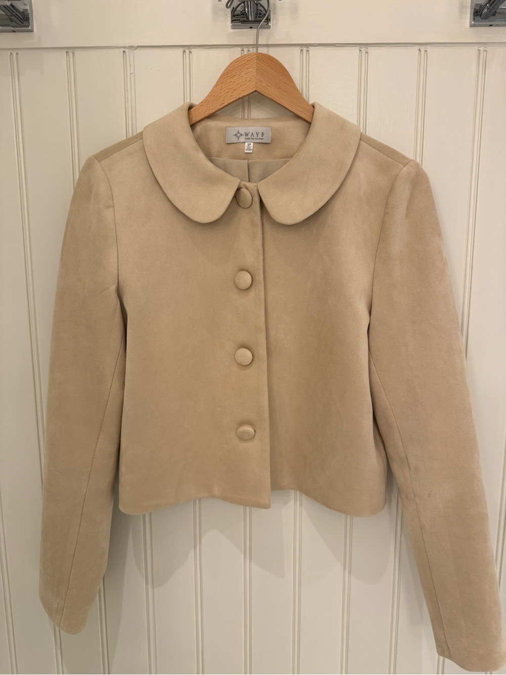Wayf Beige Suede Rounded-Collar Button Jacket - Picture 7 of 8